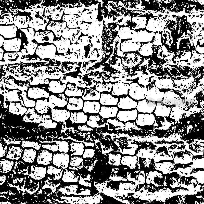 砖墙垃圾纹理。黑色灰尘Scratchy Pattern。抽象的背景。矢量设计作品。变形的效果。裂缝。
